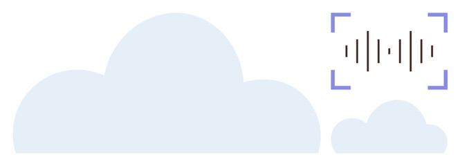 Two blue clouds and a sound wave graphic within a frame symbolize cloud computing, voice-assisted tech, and data syncing. Ideal for digital storage, audio analysis, AI innovation, connectivity, tech