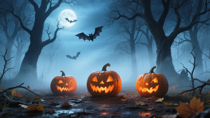 Three intricately carved jack-o'-lanterns with glowing orange lights sit on the ground, casting eerie shadows across the damp earth. Halloween, Halloween Costumes, Halloween Background