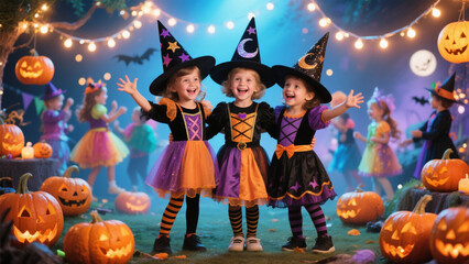Three joyful children dressed in adorable Halloween costumes stand together, their faces beaming with excitement. Halloween, Halloween Costumes, Halloween Background, Happy Halloween