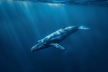 Obraz premium Solitary blue whale swimming in deep blue ocean, endangered species, peaceful and emotional marine scene.