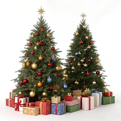 Two beautifully decorated christmas trees adorned with ornaments and surrounded by festive gift wrapped presents