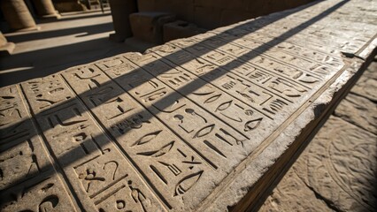 Ancient Egyptian Hieroglyphs Carved on Stone Tablet in Temple