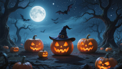 Three large jack-o'-lanterns with bright orange eyes sit prominently in the foreground, casting eerie shadows on the ground. Halloween, Halloween Costumes, Halloween Background, Happy Halloween