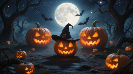 Three large jack-o'-lanterns with bright orange eyes sit prominently in the foreground, casting eerie shadows on the ground. Halloween, Halloween Costumes, Halloween Background, Happy Halloween