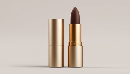 Dark brown lipstick, gold tube, studio shot, minimalist background; cosmetic product