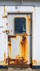 Naklejka premium Heavily Weathered White Metal Door with Rust Detailing and Peeling Paint