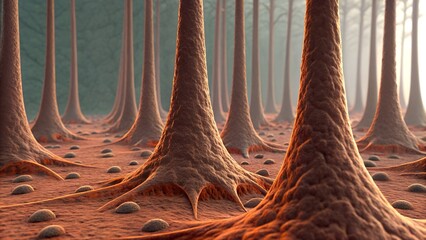 Retinal surface in macro 3D — rods and cones arranged like a photonic forest, with synapses connecting to optic nerve fibers
