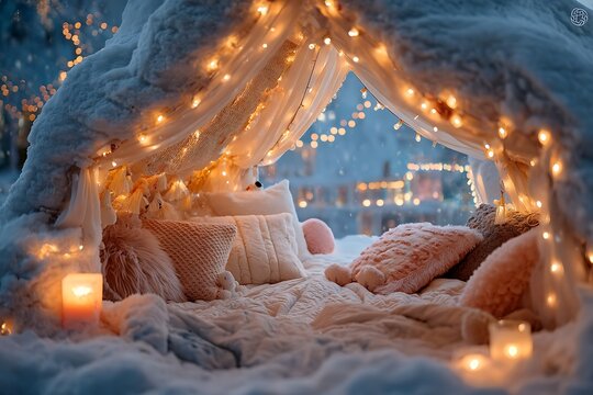 Cozy winter wonderland fort with twinkling lights and plush pillows, creating a magical snow escape