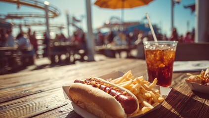 Hot dog, fries, and soda at seaside amusement park