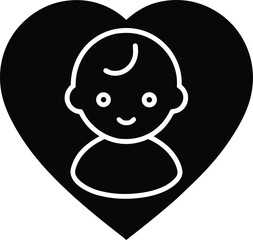 Black and white simple icon of a baby face inside a heart shape love symbol