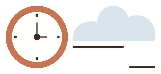 Wall clock with wooden frame beside a cloud and horizontal lines, combining time, weather, data, or digital themes. Ideal for productivity, weather, communication, planning rhythm data storage