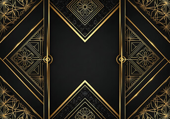 Symmetrical Art Deco frame with intricate golden geometric lines and floral motifs on a black background.