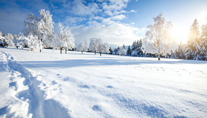 冬の景色。雪が降る雪原の広がる大地の風景。晴れ。積雪。粉雪。光。A winter scene. A landscape of a vast expanse of snow-covered land. Clear skies. Snowfall. Powdery snow. Light.