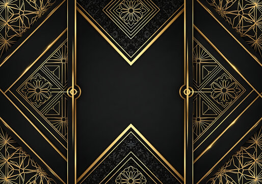Symmetrical Art Deco frame with intricate golden geometric lines and floral motifs on a black background.