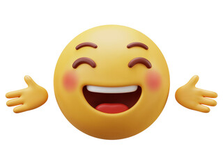 Joyful and happy emoji with open arms reaching out in a welcoming gesture isolated on transparent background