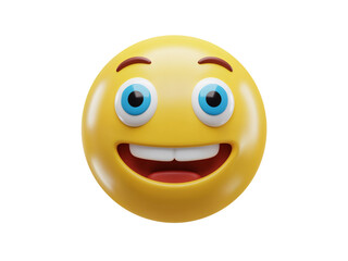 Fototapeta premium A bright yellow smiley face emoji with wide blue eyes and a big open mouthed smile isolated on transparent background