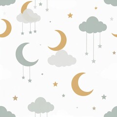 Seamless Pattern with Crescent Moons Clouds and Stars Against White Background