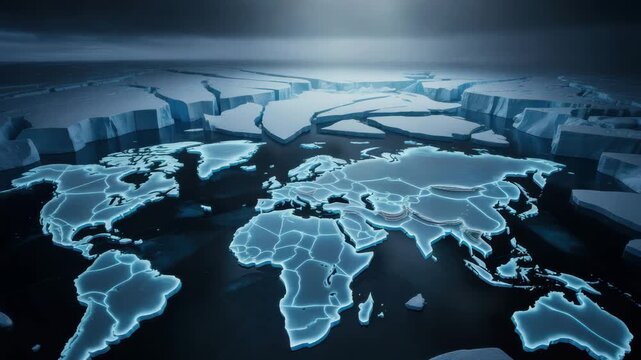 Global ice melt animation: arctic sea ice loss and climate change world map visuals