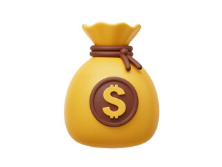 A stylized golden money bag with a prominent dollar sign emblem tied with a brown ribbon isolated on transparent background