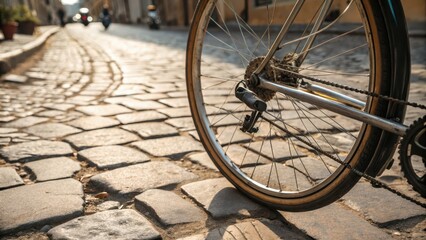 Urban Street Scene with Bicycle on Rustic Cobbled Pathway