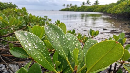 Fresh Water Drops on Green Leaves in Serene Mangrove Background