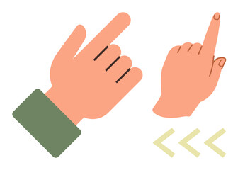 Two hands gesturing with fingers pointing, accompanied by arrows indicating direction. Ideal for navigation, instruction, communication, interface design, learning guidance, gestures, simple flat