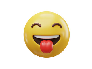 Fototapeta premium A cheerful yellow emoji with its tongue sticking out and eyes closed in laughter isolated on transparent background