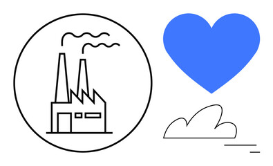 Factory emitting smoke encircled by a line, blue heart symbol, and minimalistic cloud. Ideal for sustainability, eco-consciousness, environmental impact, corporate responsibility, industrial reform