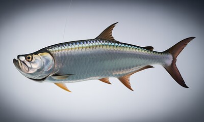 Naklejka premium Silver Game Fish on a Fishing Line Against a Solid Background
