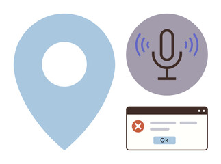 Large location pin, round microphone icon with sound waves, and browser error popup with Ok button. Ideal for navigation, audio recording, error handling, communication, tech apps, user interfaces