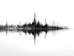 Futuristic city skyline reflected in water, sound wave effect
