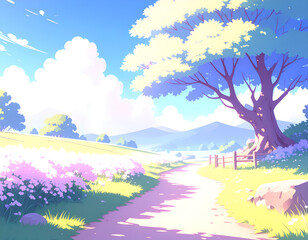Fototapeta premium Beautiful path under blue sky and blooming trees, perfect for spring travel themes. Generative AI