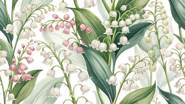 Seamless floral pattern of white and pink Lily of the Valley flowers, high resolution, designed for fabric printing.