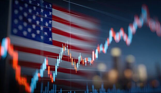 Stock market graph overlaid with American flag