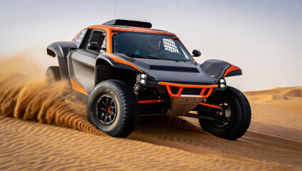 Black and orange off road buggy racing through desert sand dunes offroad