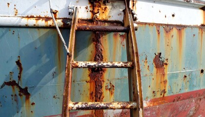 Close Up of Rusted Ladder on Weathered Boat Hull with Peeling Paint and Metal Corrosion