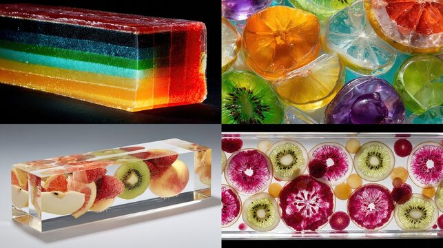 A collage showcasing four rectangular blocks of transparent resin, each containing vibrant, layered or embedded fruit slices and segments exhibiting a tic display