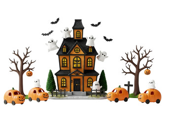 Spooky Halloween scene with cute ghosts, pumpkin cars, and haunted house for festive celebrations