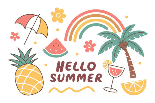 Illustration of hello summer with pineapple and palm tree isolated on white background