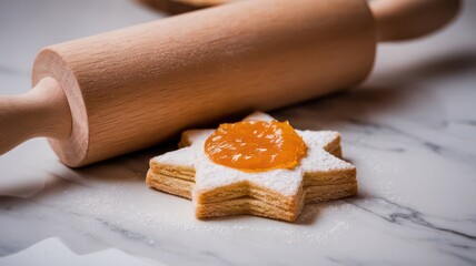 Festive star shaped pastry cookie with marmalade and rolling pin for holidays