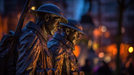 Obraz premium Nighttime Remembrance: Bronze Soldiers at Dusk