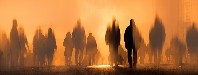 Silhouetted figures walking in a hazy, golden light