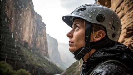 Woman in Helmet Looking Up at Rain in Canyon with Dramatic Landscape