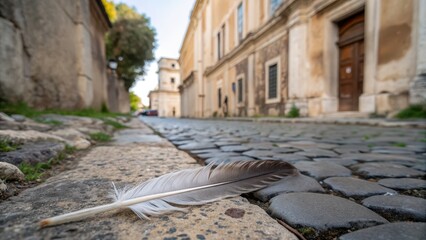 Feather on Cobblestone Street in Historic European Cityscape