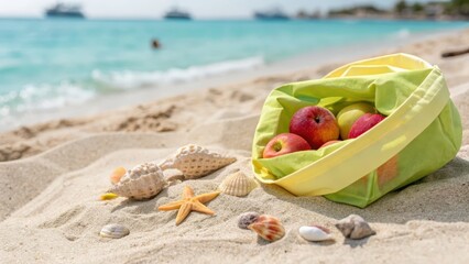 Fresh Apples in Yellow Bag on Sandy Beach with Seashells
