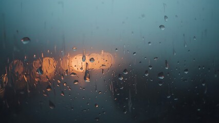 Raindrops cling to a window pane, blurring the lights and shapes of the outside world, creating a moody and atmospheric scene.