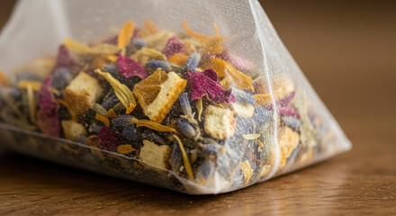 Herbal Tea Bag with Lavender Rose Petals and Orange Peel.