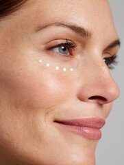 Fototapeta premium Effective Facial Treatment Routine Featuring Cream Dots Along Cheekbone Line for Skin Care Enhancement and Revitalization
