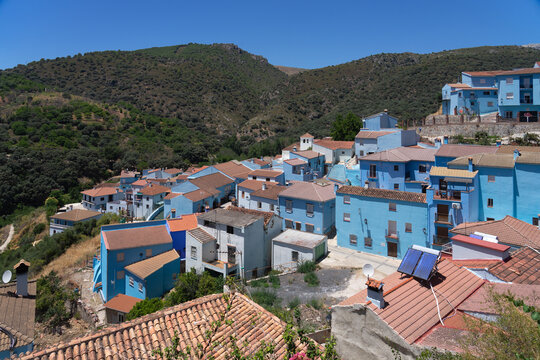 Panoramic view of the Pitufos blue village of Juzcar, in the Ronda mountains in Malaga province. Andaluc&iacute;a, Spain.