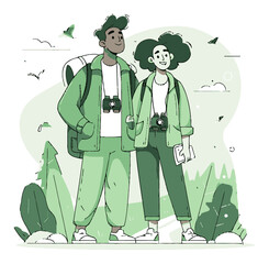 Friendly Outdoor Adventurers in Stylish Green Attire Holding Cameras